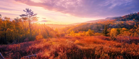Fotobehang Vibrant Autumn Sunrise Over Forested Mountains with Soft Morning Light © KOSHKAROV SERGEI