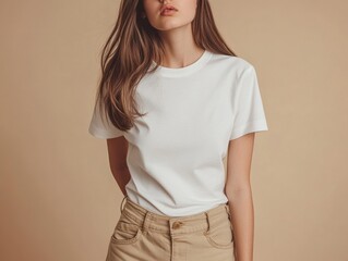 Obraz premium Elegant Woman in White T Shirt and Khaki Jeans Showing a Casual Modern Style Portrait