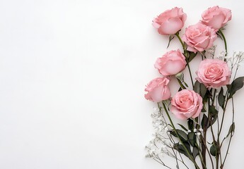Obraz premium Pink Roses and Baby's Breath on White Background