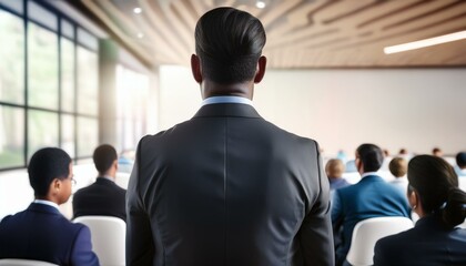Business people standing in front of a building. Backview of a businessman talking infront of people group class