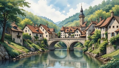 Fototapeta premium Picturesque European Village nestled in a verdant valley, charming stone houses, arched bridge over tranquil river, idyllic scenery, beautiful landscape art.