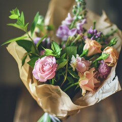Fresh Flower Bouquet Wrapped in Paper Showcasing Natural Beauty