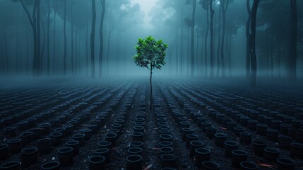 Naklejka premium The Lone Survivor: A solitary tree stands tall and vibrant amidst a field of decaying stumps, bathed in the ethereal glow of a misty forest. Its emerald leaves shimmer in the dim light.