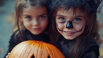 Two young girls dressed in halloween costumes pose with a pumpkin