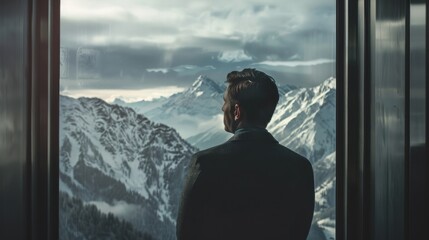 Businessman Reflects on Mountain Peaks from Elevator Viewpoint