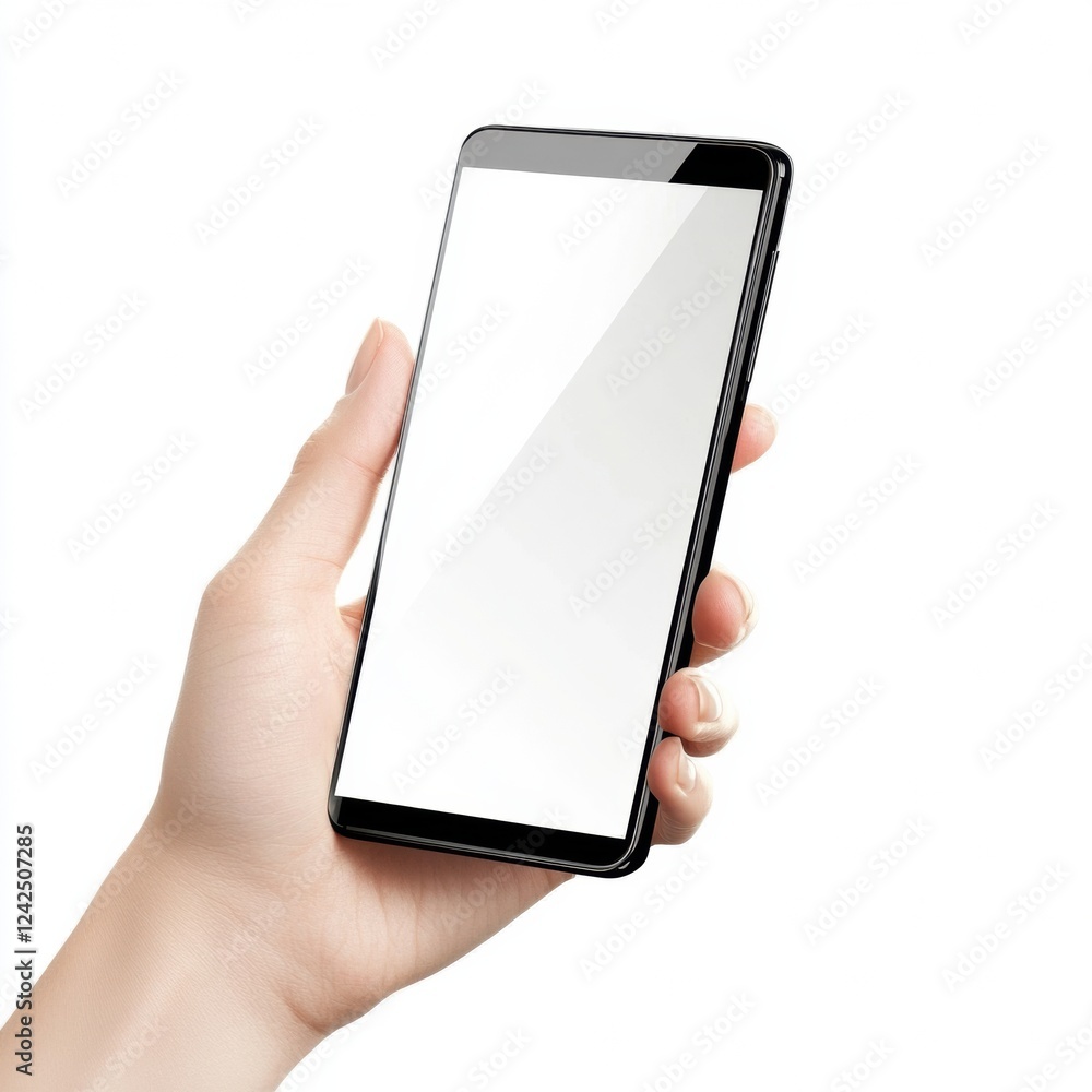 Poster hand holding a smart device with blank screen for content placement and application presentation