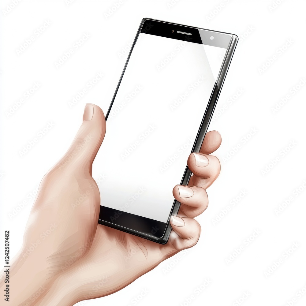 Poster hand holding modern cellphone with blank display for mobile application advertisement presentation