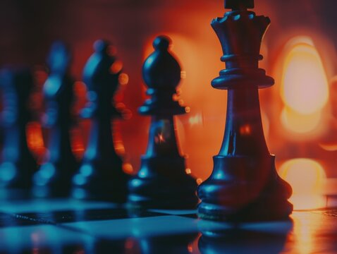 Close-up of Chess Pieces Arranged for Game Start with Ambient Lighting - Powered by Adobe