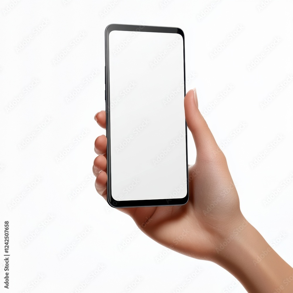 Aufkleber hand presenting smartphone device with blank screen mockup displaying app interface for digital worl