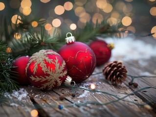 Cozy Christmas Card Decorated Against a Rustic Wooden Background