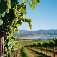 Fototapeta premium Green Grapes on Vine in Vineyard Landscape