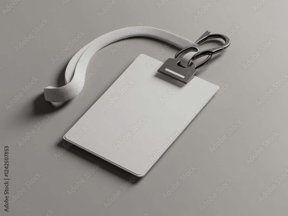 Poster identification badge and lanyard mockup template design presentation on gray surface flat lay style