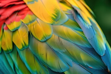 Fototapeta premium Vibrant Close-Up of Parrot Feathers Showcasing Rich Colors and Texture