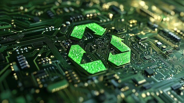 Green recycle symbol on circuit board; e-waste recycling; technology background; sustainable technology - Powered by Adobe