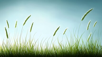 Fototapeta premium Green Grass Blades Blowing in Blue Sky