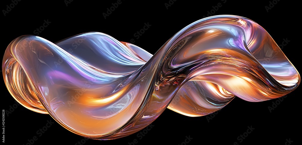 Aufkleber iridescent, glossy metallic curves in motion, creating a flowing organic shape in a dynamic 3d rende