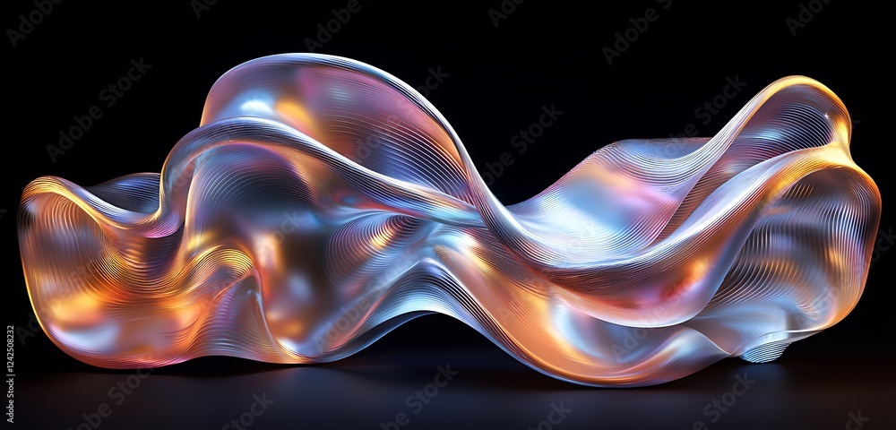 Aufkleber iridescent, glossy metallic curves in motion, creating a flowing organic shape in a dynamic 3d rende
