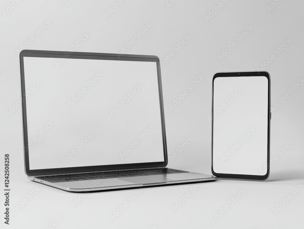 Poster laptop and mobile phone mockup with blank screens for tech presentation and display assets