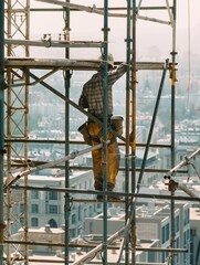 Fototapeta premium Construction worker on scaffolding focused on building in urban setting