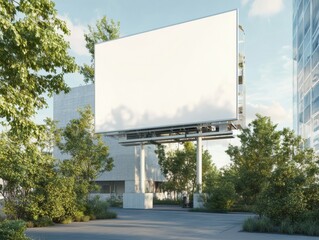 Obraz premium Large Billboard Display in Urban Greenery Setting Against Architectural Buildings Sunny Day Outdoor
