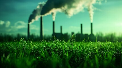 Green Grass Field Against Industrial Smokestacks
