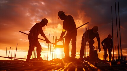 Builders at Sunset: A silhouette of construction workers against a fiery sunset sky, emphasizing the hard work and dedication involved in building the future.