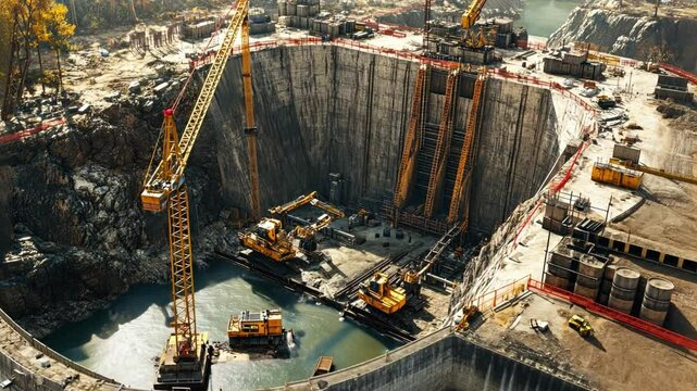 Urban Transformation: A dramatic aerial view of a bustling construction site, with heavy machinery and towering cranes working tirelessly to reshape the landscape. The massive excavation.
