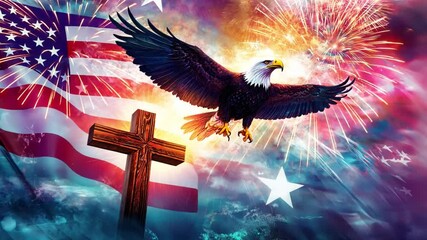 Patriotic Eagle Soaring: A majestic bald eagle in flight against a vibrant backdrop of fireworks, the American flag, and a rustic wooden cross. This powerful image evokes a sense of freedom, faith.