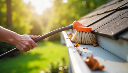A close-up of a person using a long brush to clean roof gutters from fallen leaves, symbolizing house upkeep and autumn preparation
