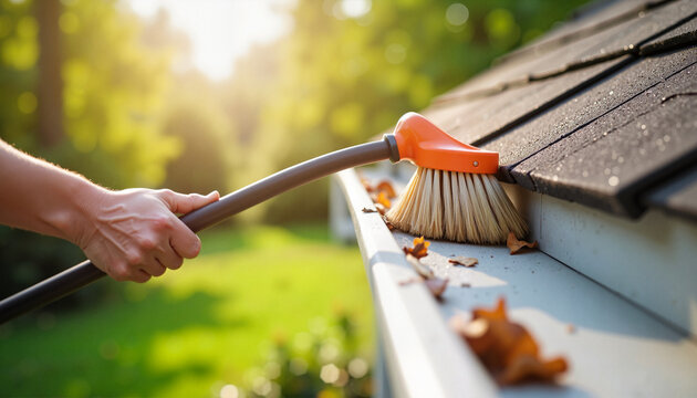 A close-up of a person using a long brush to clean roof gutters from fallen leaves, symbolizing house upkeep and autumn preparation
