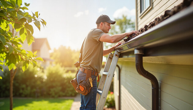 A man standing on a ladder cleaning out house gutters during sunny weather, symbolizing seasonal home maintenance, care, and outdoor preparation
