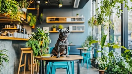 Dog cafe table plants city interior