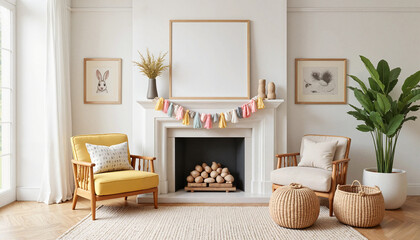 A bright living room with pastel garland above the fireplace, symbolizing cheerful seasonal decor and cozy home atmosphere
