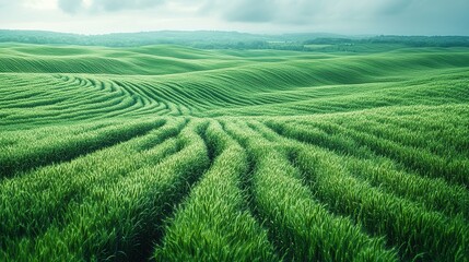 Rolling green wheat field landscape under cloudy sky