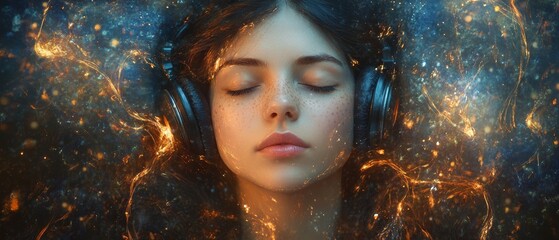 Listening to a specific genre of music artistic portrait in a mystical setting digital artwork close-up expressing various feelings and relaxation for creative inspiration