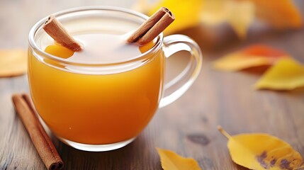 A hot cup of cider with cinnamon sticks and autumn leaves