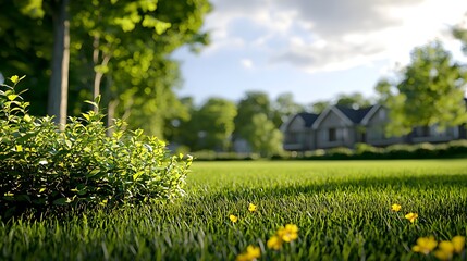 Green Grass Lawn with Houses in Background