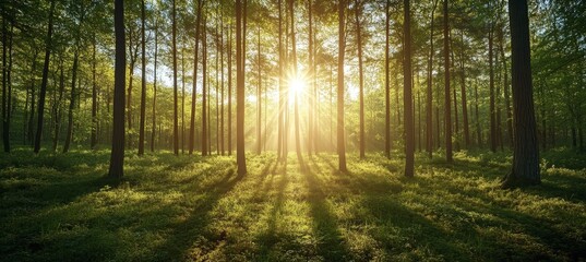Sunlit Forest Path Sunrise beams through trees, casting shadows on lush ground, ideal for nature, serenity, and wellness content