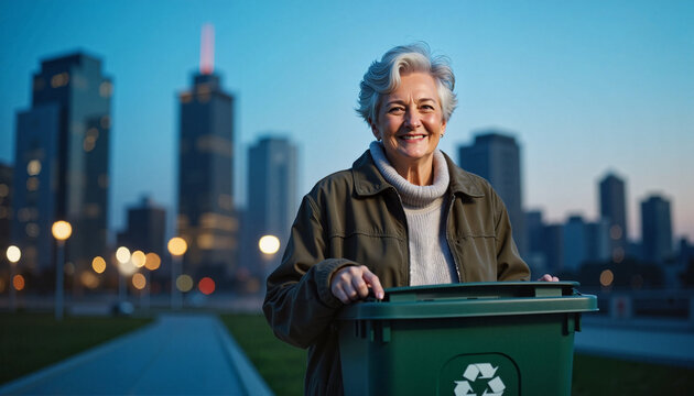An elderly woman smiling with a city skyline in the background at dusk, symbolizing confidence, aging gracefully, and a fulfilled urban lifestyle
