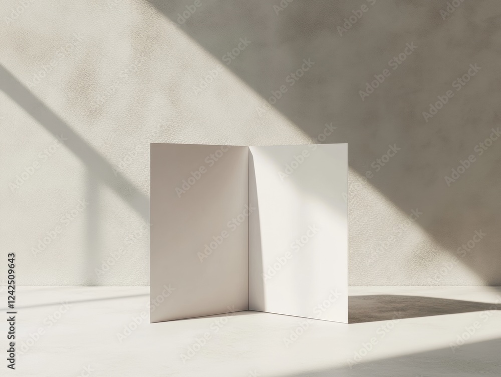 Poster minimalist open card display on light surface with shadow play evoking warmth and modern aesthetics