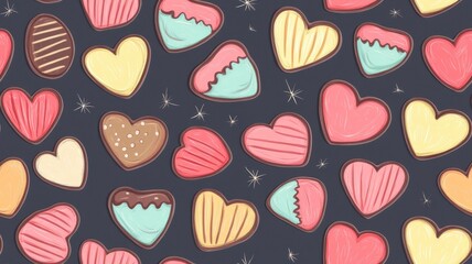 Sweet valentine chocolate sparkle seamless pattern. A colorful assortment of heart-shaped chocolates on a dark background, featuring various designs and colors, perfect for celebrations.