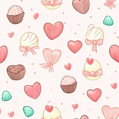 Sweet valentine chocolate sparkle seamless pattern. A whimsical pattern featuring colorful cupcakes, hearts, and candies, perfect for a sweet-themed design or celebration.