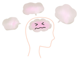 脳疲労や頭痛：疲れた状態のピンクの脳と吹き出し
