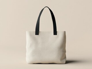 Minimalist Neutral Canvas Tote Bag With Black Handles On Solid Backdrop Plain Style Presentation