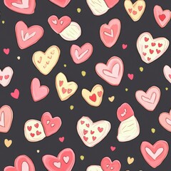 Sweet valentine chocolate sparkle seamless pattern. A whimsical pattern of colorful hearts and sweet treats on a dark background, perfect for Valentine's Day or romantic designs.