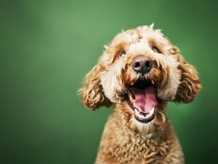 Fototapeta premium Joyful labradoodle dog posing against a vibrant green background