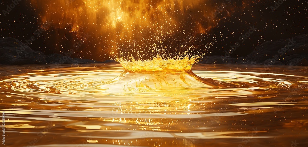 Poster liquid gold oil drop creating ripples on a reflective surface with a striking splash effect.