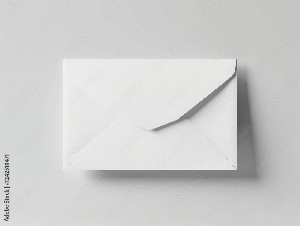 Poster minimalist white envelope flat lay on light gray background in studio setting revealing clean design