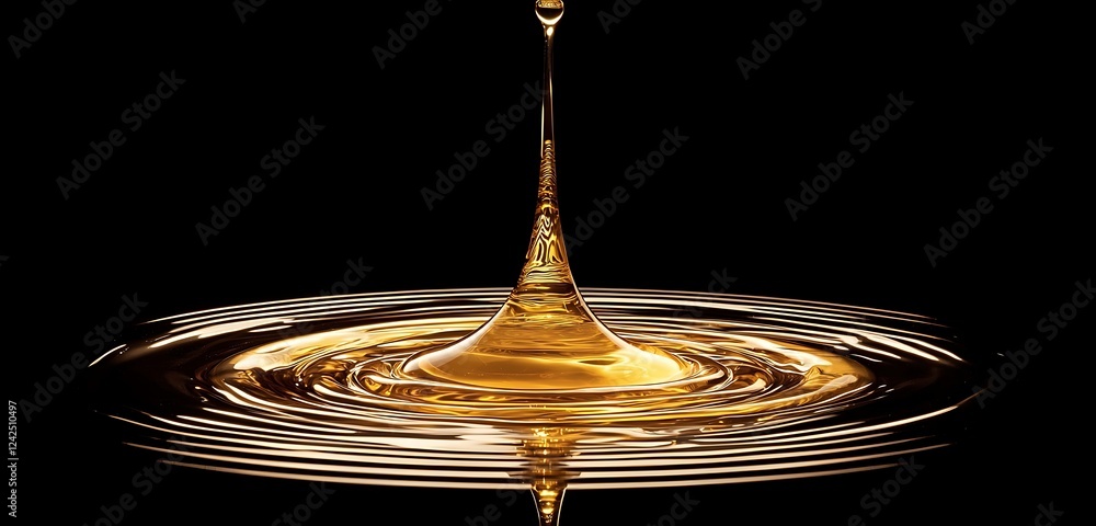 Poster liquid gold oil drop creating ripples on a reflective surface with a striking splash effect.