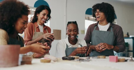 Laughing, pottery and small business with employee friends in boutique together for sale of ceramics. Diversity, funny and process with startup team of people in store for retail terracotta products